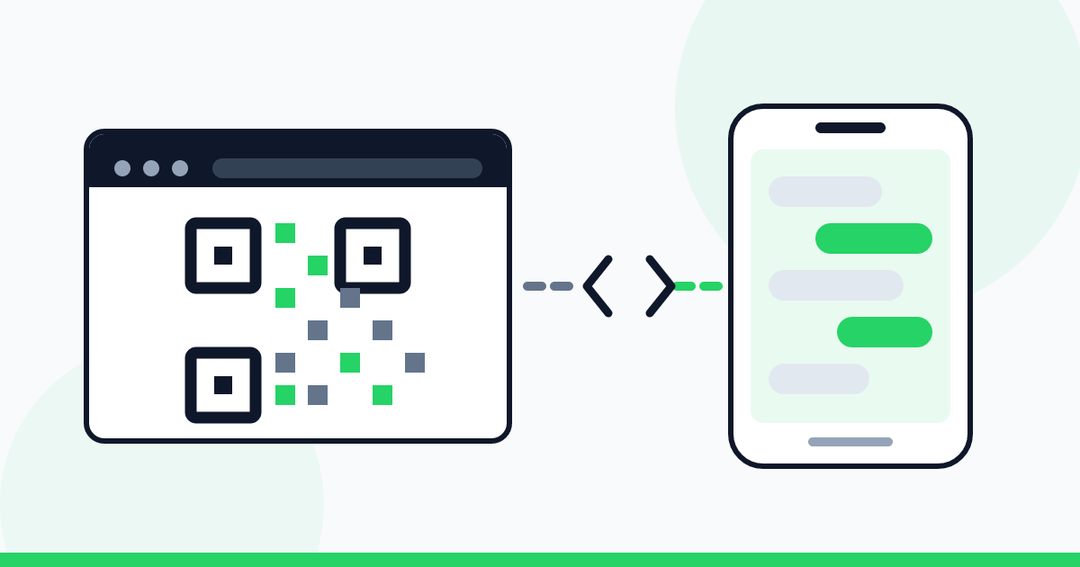 Janela de navegador com um código QR ligada a um celular por uma linha tracejada partida ao meio, com as duas pontas afastadas