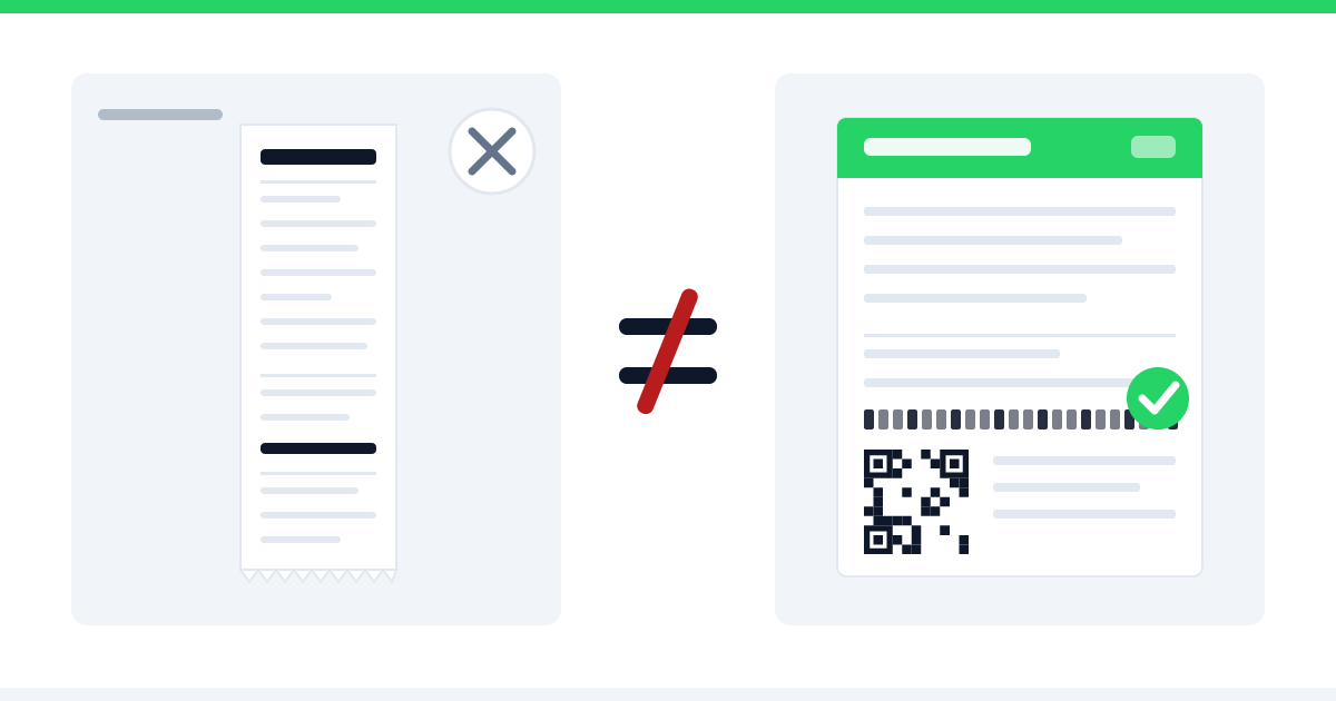 Duas vias lado a lado: à esquerda a comanda estreita da impressora térmica, com borda serrilhada; à direita o documento fiscal eletrônico, com faixa verde, selo de autorização e QR Code. Entre as duas, o sinal de diferente.