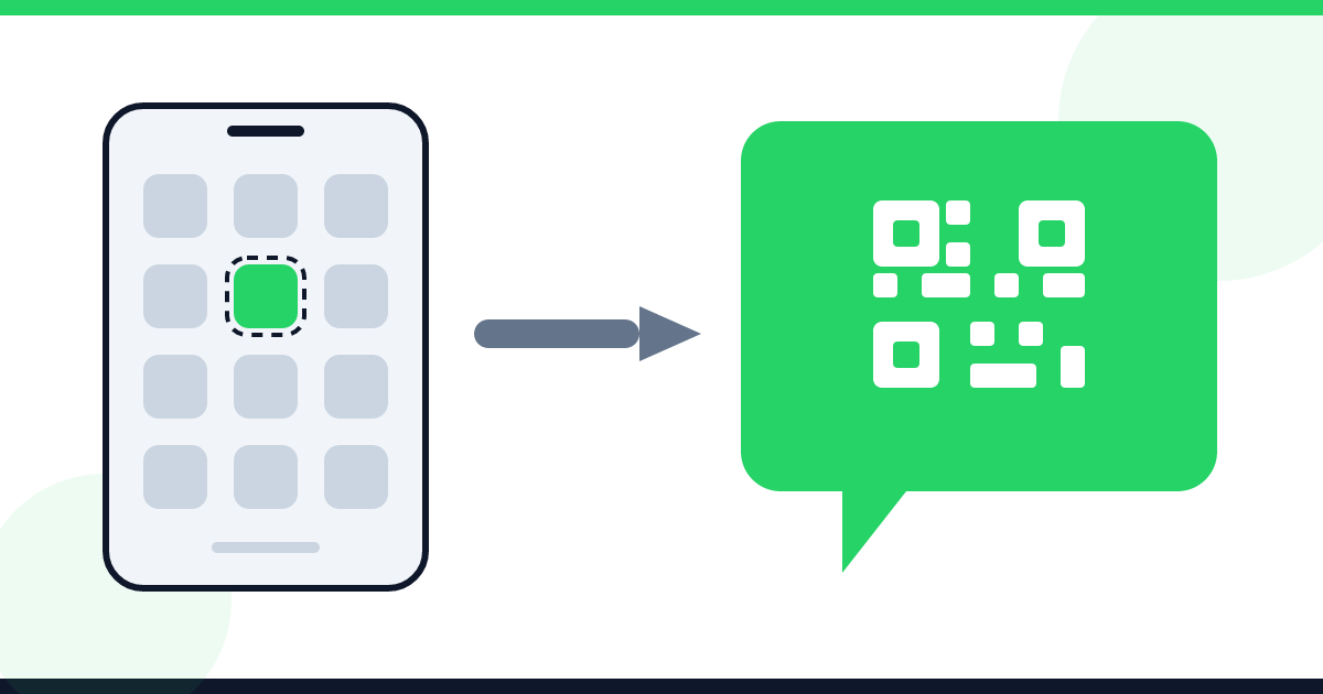 Composição gráfica: à esquerda, a tela de um celular com uma grade de ícones cinza e um único ícone verde destacado por um contorno tracejado; uma seta larga aponta para a direita, onde um grande balão de conversa verde traz um QR Code branco dentro